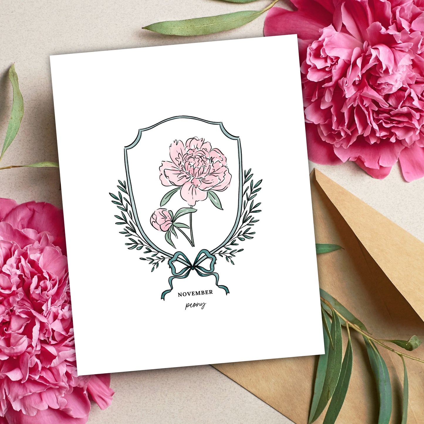 Pick Your Birth Flower Print | Unframed Custom Gift for Birthdays | Watercolor Crest & Bow Floral Illustration