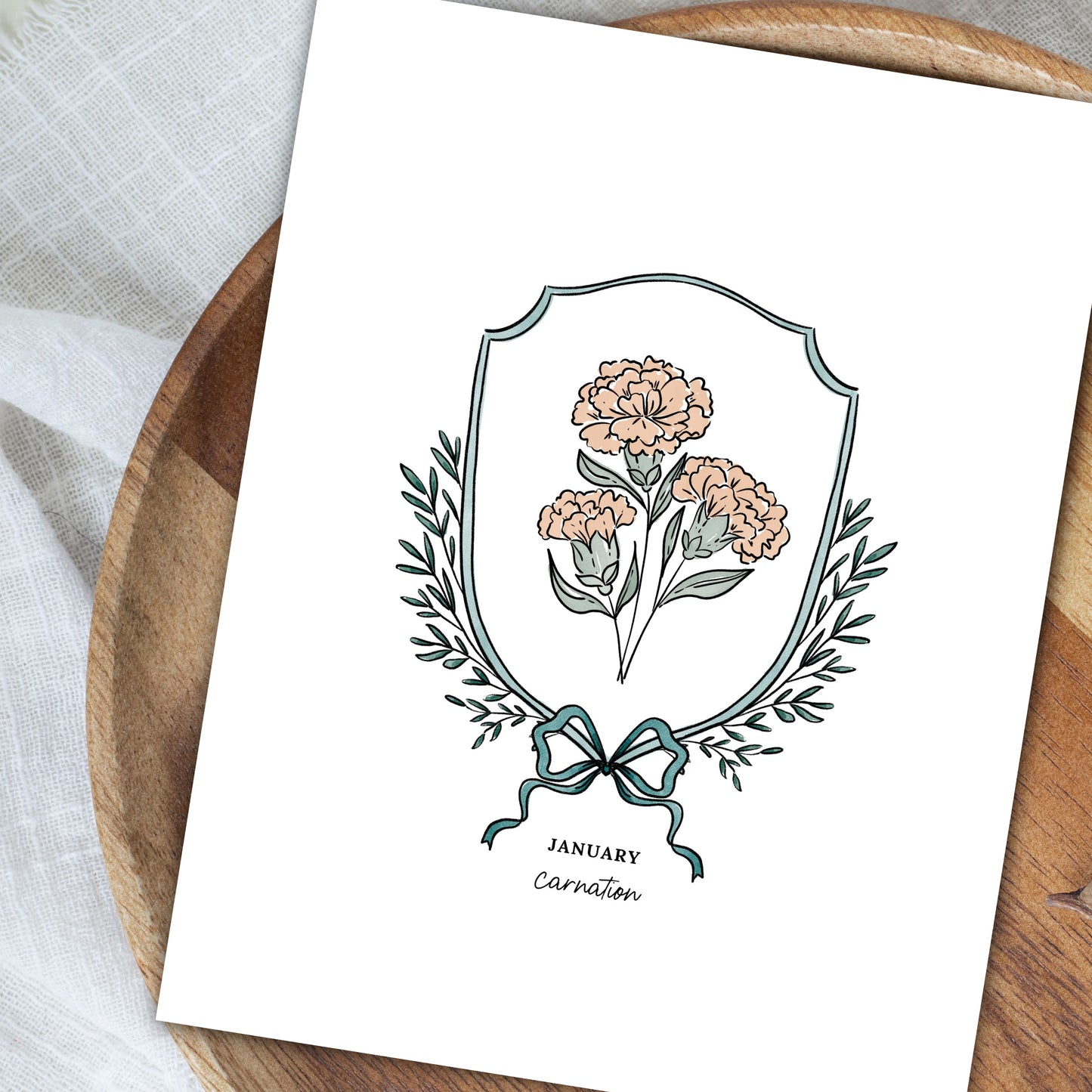 Pick Your Birth Flower Print | Unframed Custom Gift for Birthdays | Watercolor Crest & Bow Floral Illustration