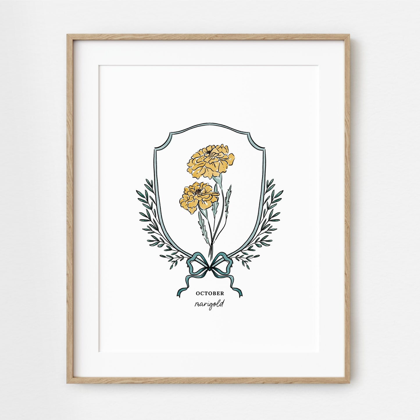 Pick Your Birth Flower Print | Unframed Custom Gift for Birthdays | Watercolor Crest & Bow Floral Illustration