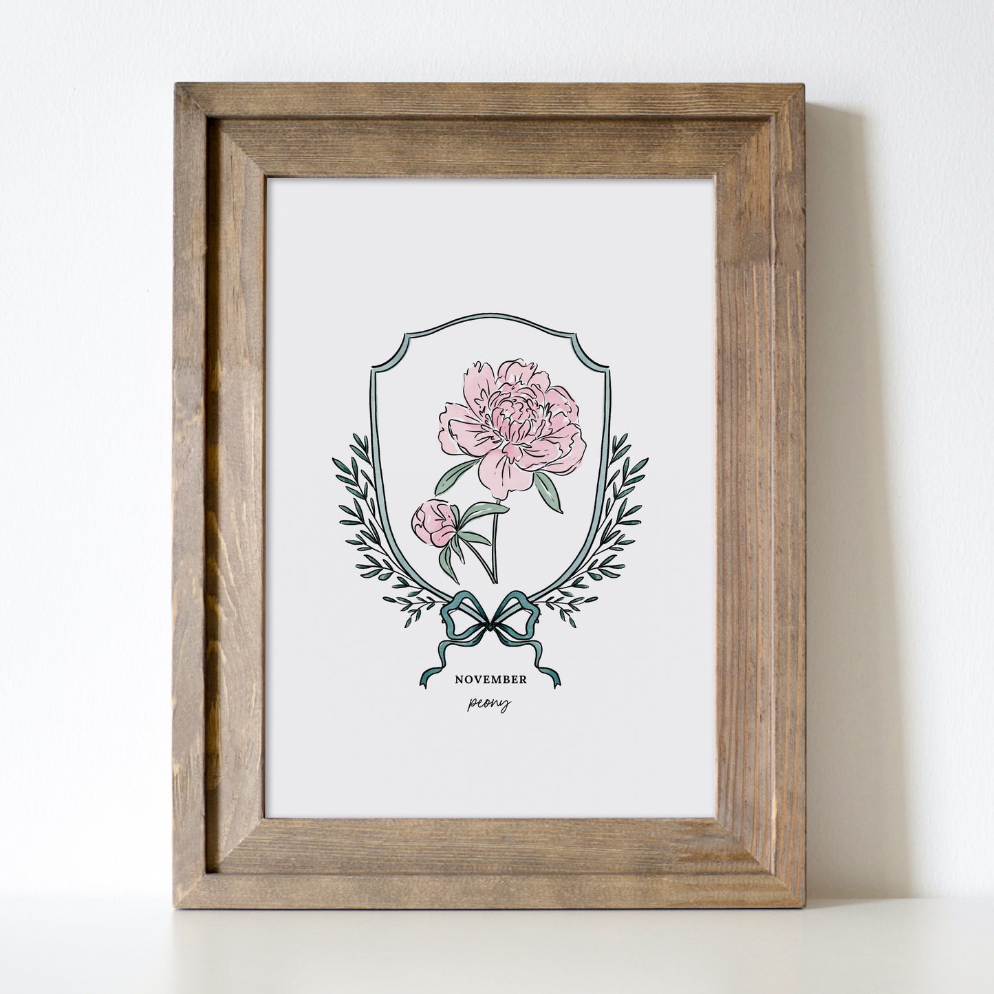 Pick Your Birth Flower Print | Unframed Custom Gift for Birthdays | Watercolor Crest & Bow Floral Illustration