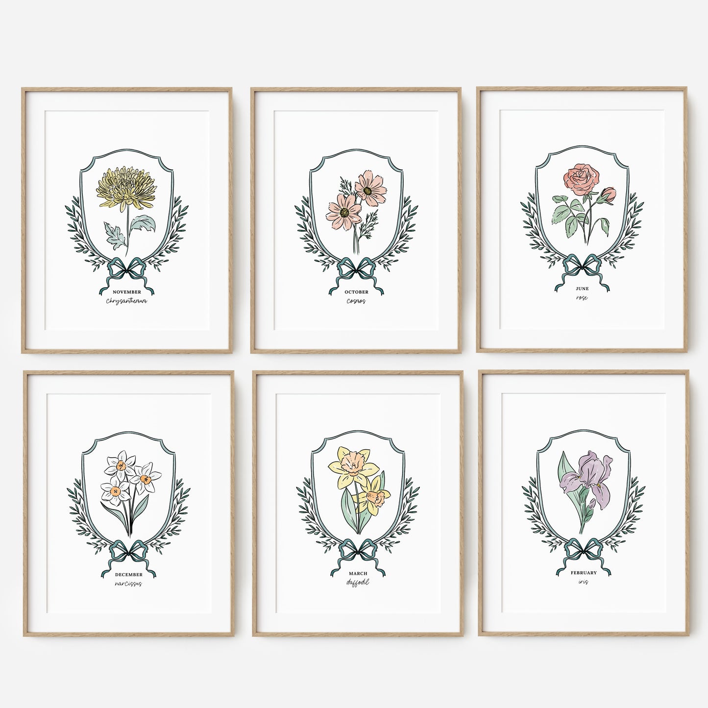 Pick Your Birth Flower Print | Unframed Custom Gift for Birthdays | Watercolor Crest & Bow Floral Illustration