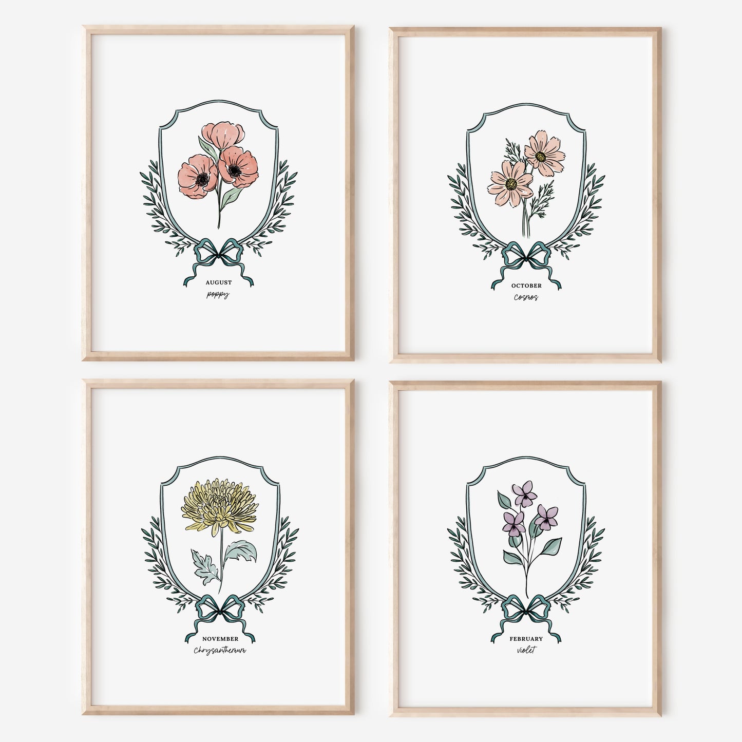 Pick Your Birth Flower Print | Unframed Custom Gift for Birthdays | Watercolor Crest & Bow Floral Illustration