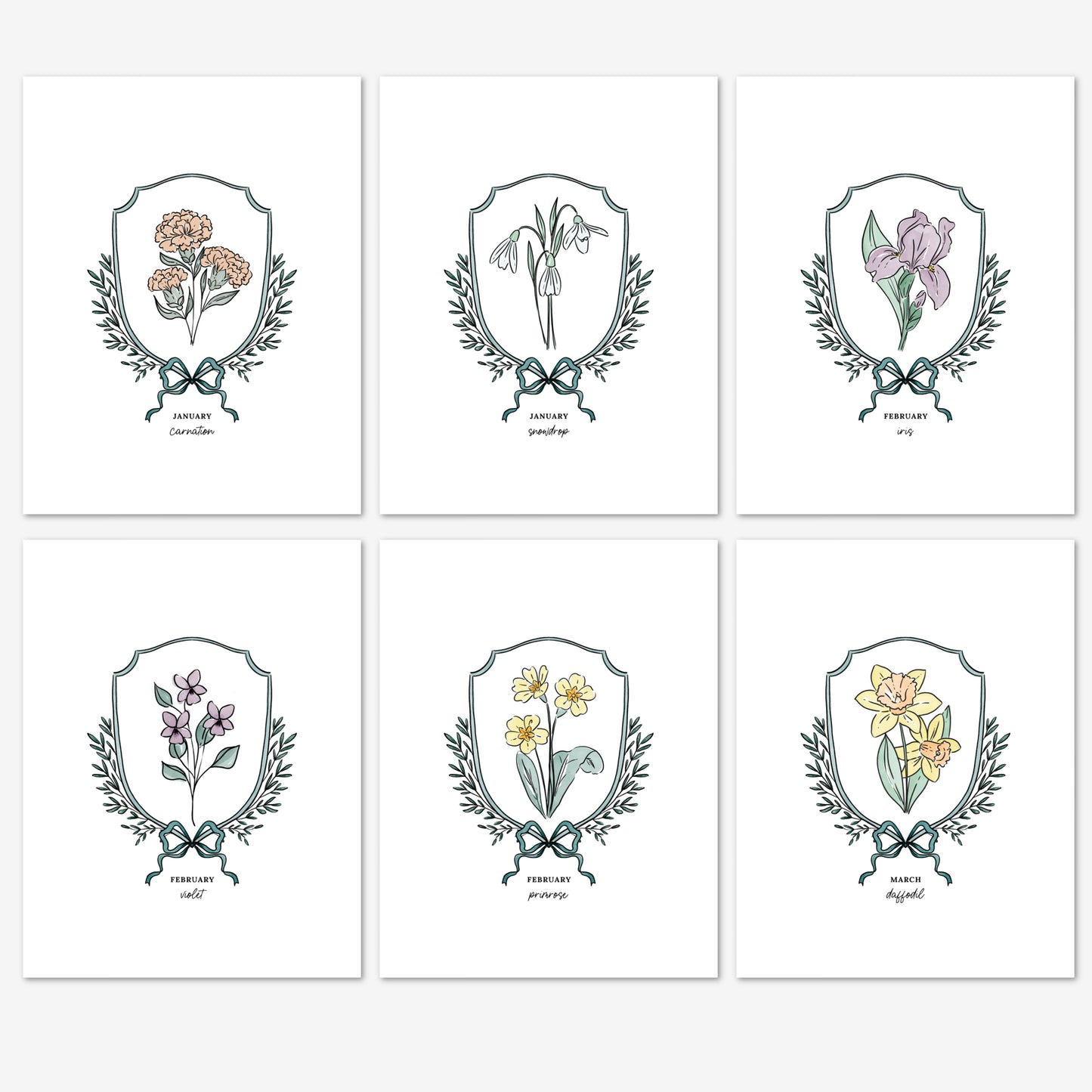 Pick Your Birth Flower Print | Unframed Custom Gift for Birthdays | Watercolor Crest & Bow Floral Illustration