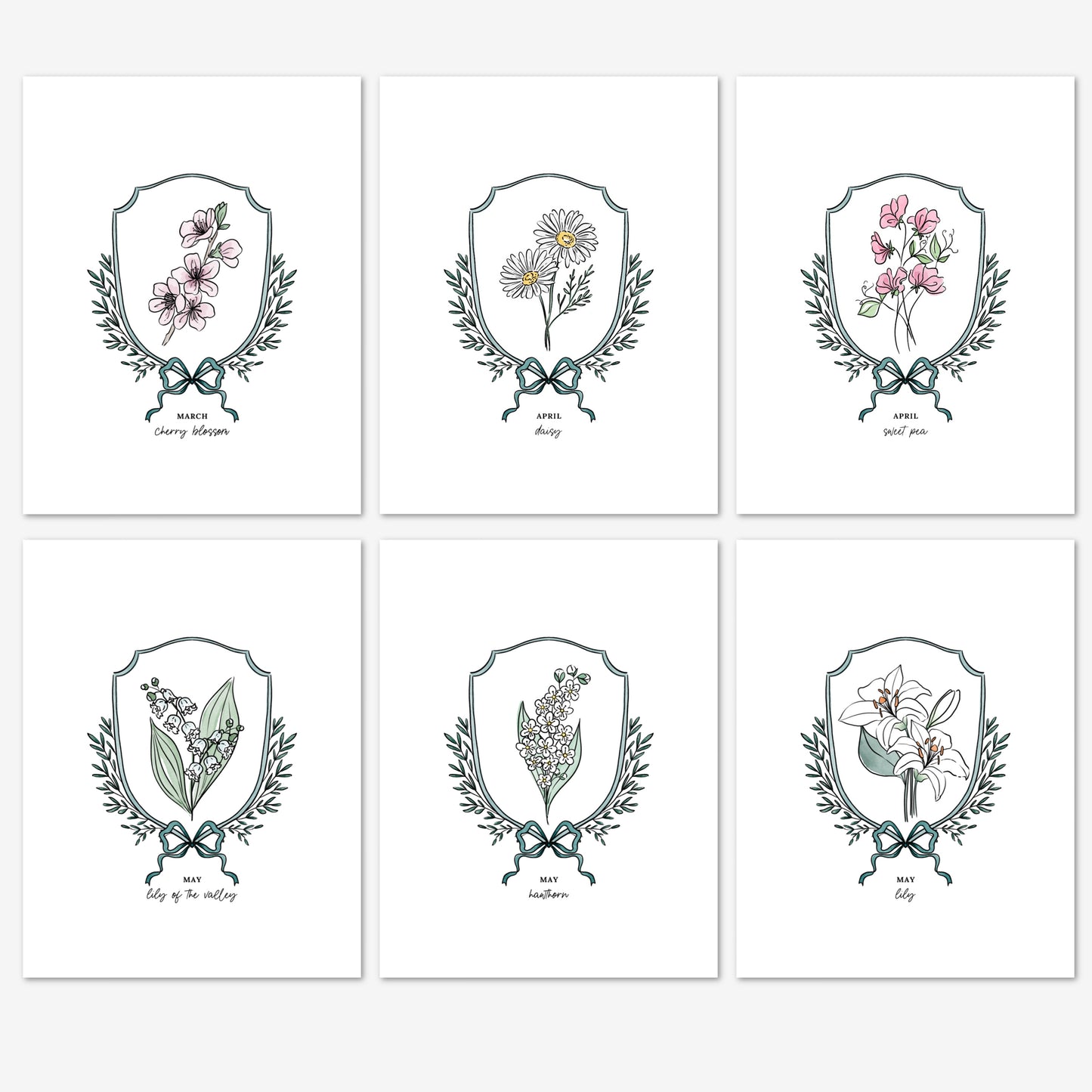 Pick Your Birth Flower Print | Unframed Custom Gift for Birthdays | Watercolor Crest & Bow Floral Illustration