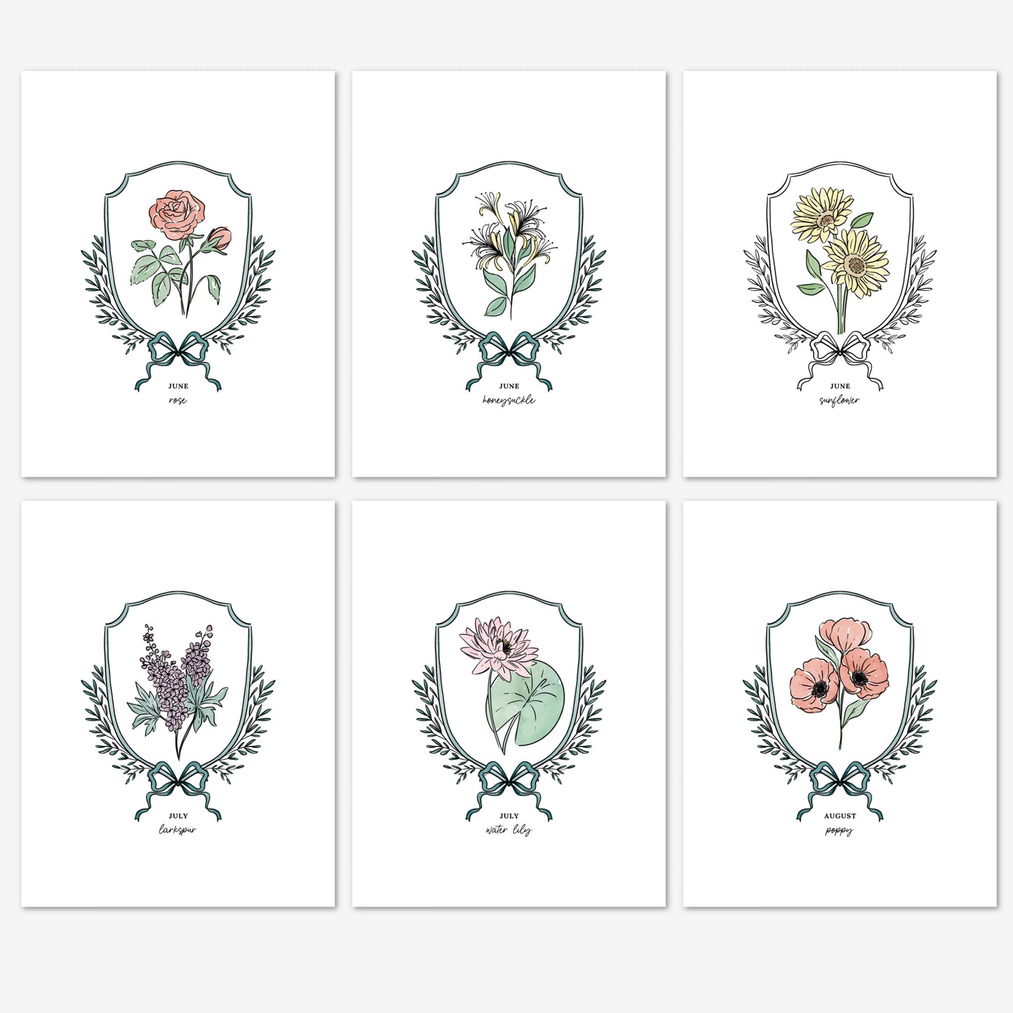 Pick Your Birth Flower Print | Unframed Custom Gift for Birthdays | Watercolor Crest & Bow Floral Illustration