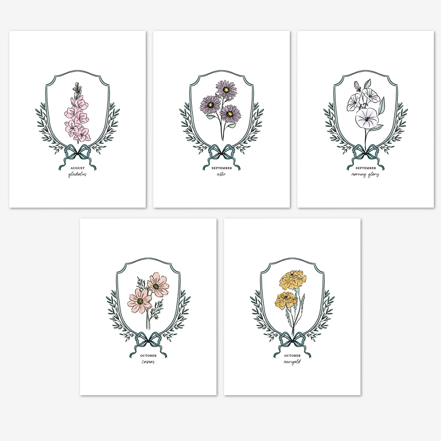 Pick Your Birth Flower Print | Unframed Custom Gift for Birthdays | Watercolor Crest & Bow Floral Illustration