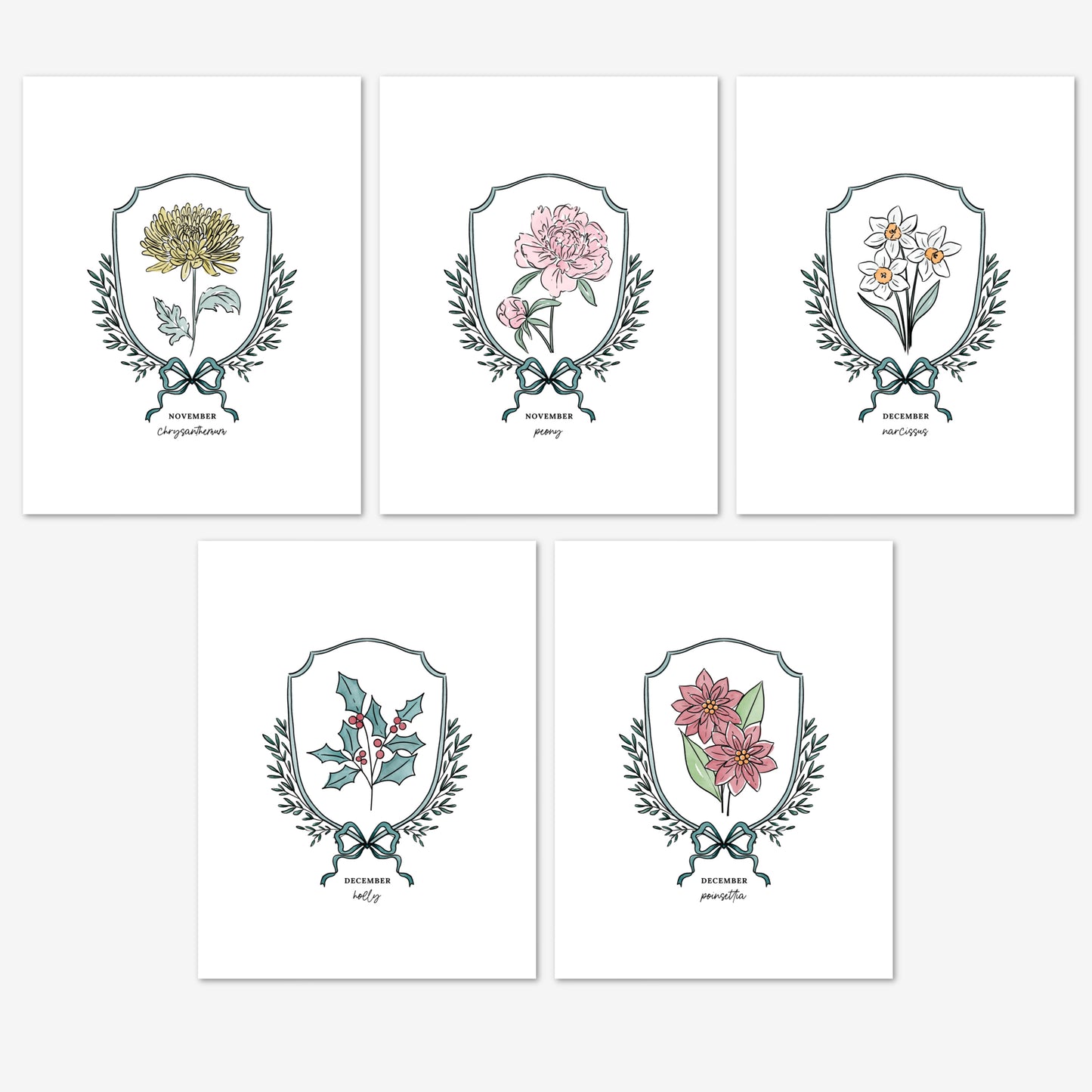 Pick Your Birth Flower Print | Unframed Custom Gift for Birthdays | Watercolor Crest & Bow Floral Illustration