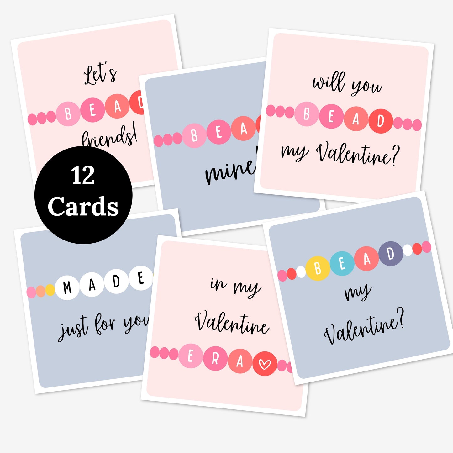 Bead Bracelet Valentine Printable Cards | 12 Digital Cards Friendship Beaded Bracelet Valentines Day Exchange