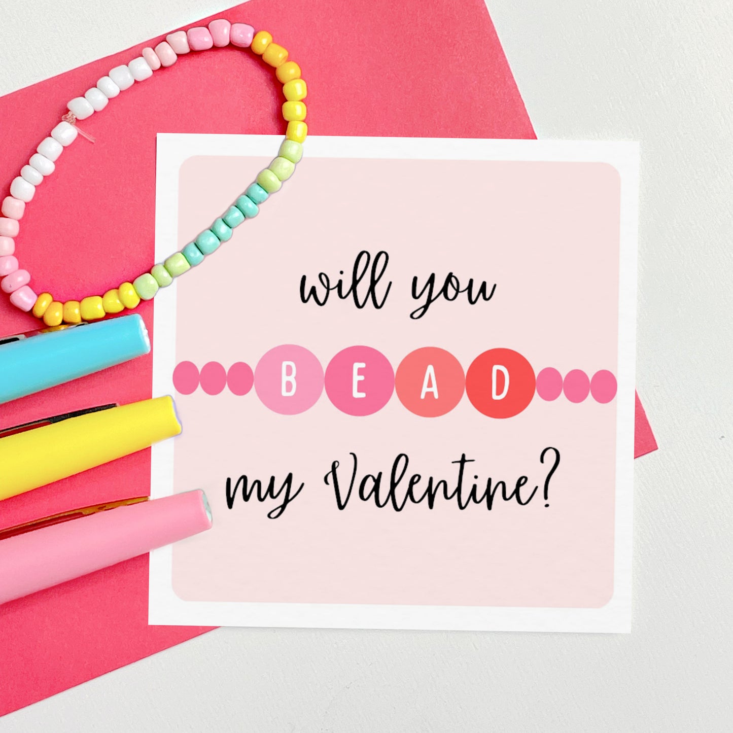 Bead Bracelet Valentine Printable Cards | 12 Digital Cards Friendship Beaded Bracelet Valentines Day Exchange