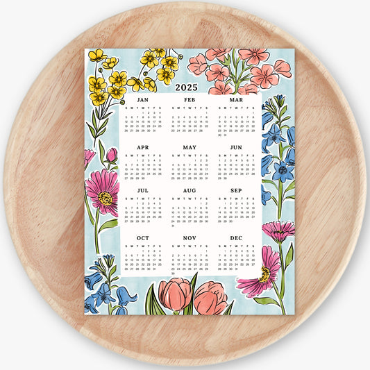 2025 Calendar Print | Blue Floral At A Glance Unframed Art | Office Wall Decor Coworker Gift