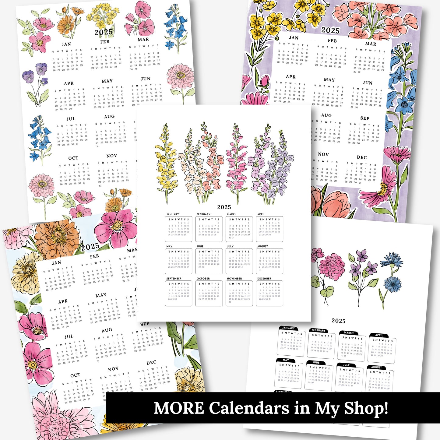 2025 Calendar Print | Blue Floral At A Glance Unframed Art | Office Wall Decor Coworker Gift