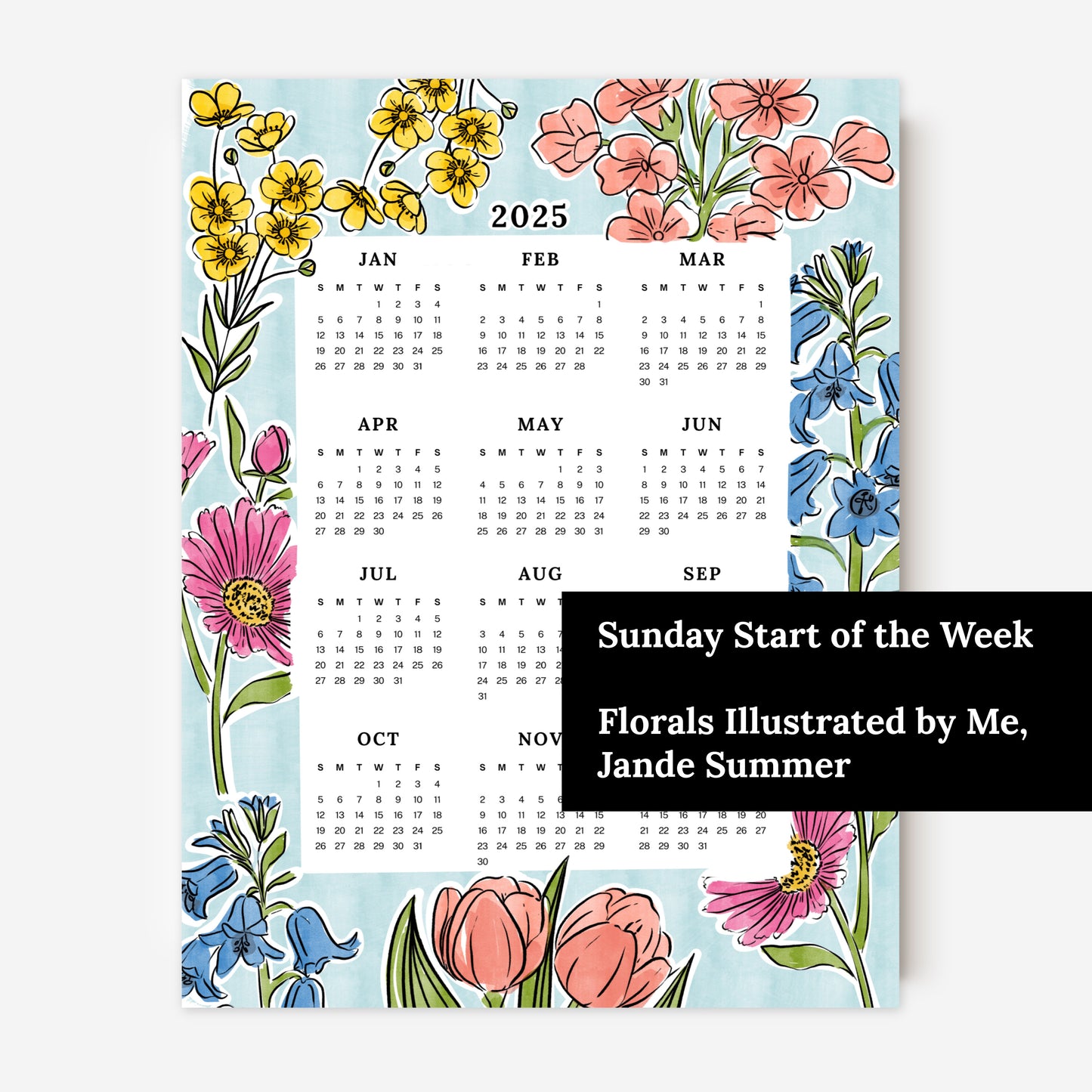 2025 Calendar Print | Blue Floral At A Glance Unframed Art | Office Wall Decor Coworker Gift