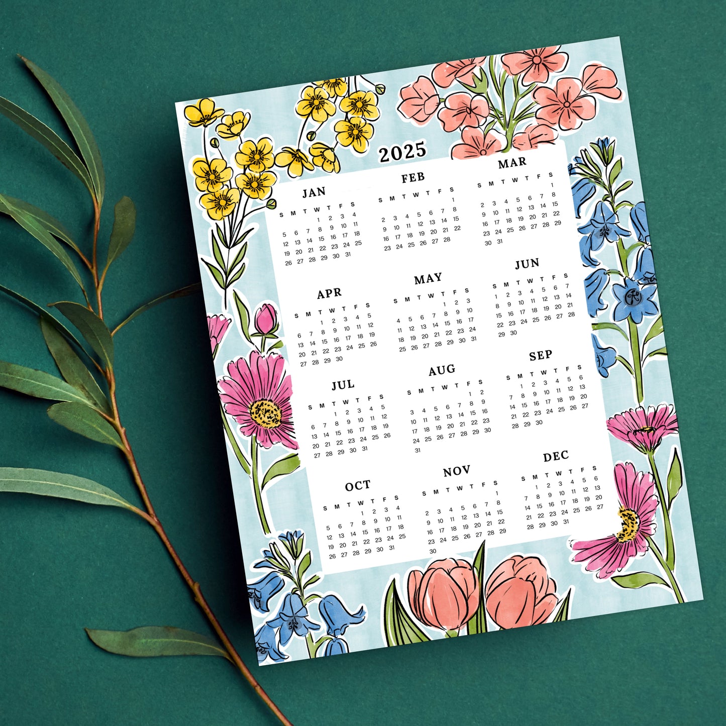 2025 Calendar Print | Blue Floral At A Glance Unframed Art | Office Wall Decor Coworker Gift