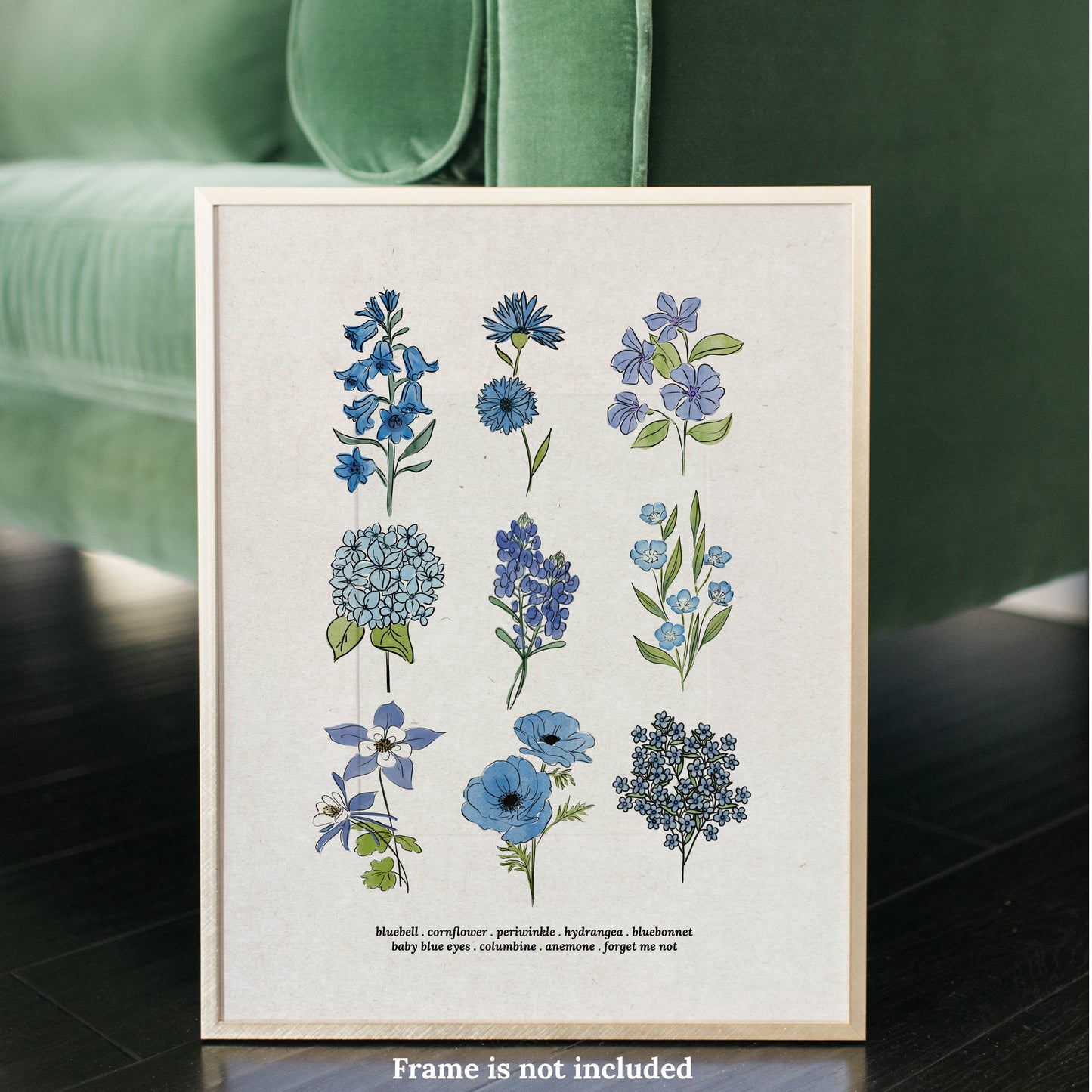 Blue Flower Chart Unframed Art Print | Antique Paper Background | Bluebell Bluebonnet Garden Inspired Art