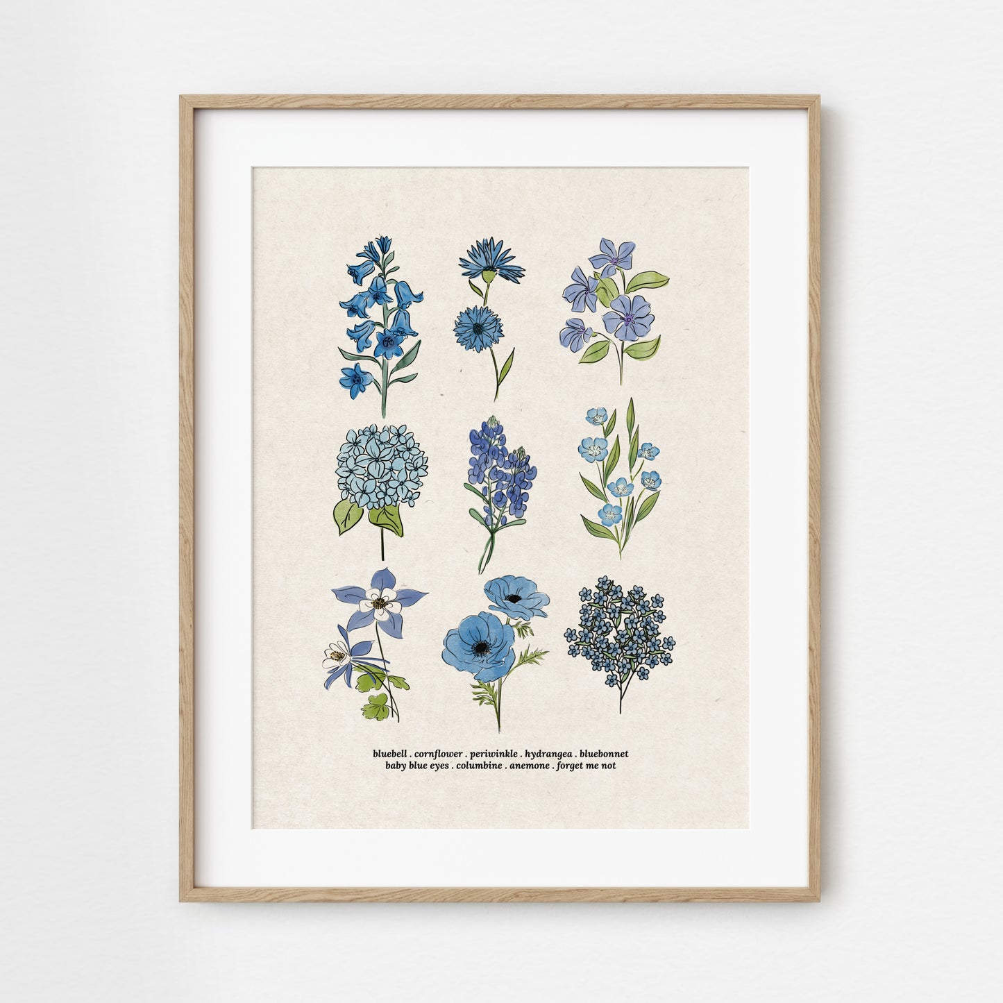 Blue Flower Chart Unframed Art Print | Antique Paper Background | Bluebell Bluebonnet Garden Inspired Art