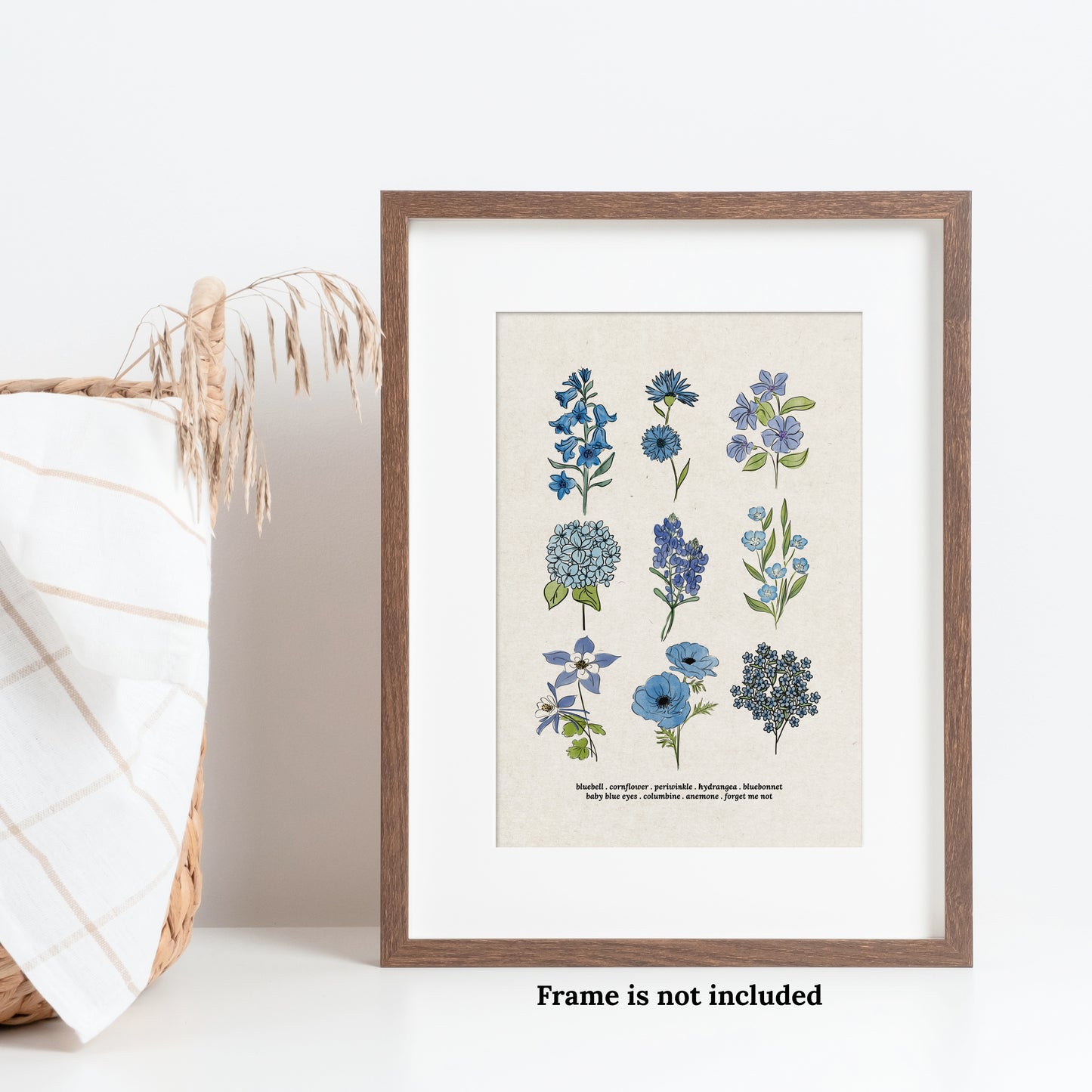 Blue Flower Chart Unframed Art Print | Antique Paper Background | Bluebell Bluebonnet Garden Inspired Art