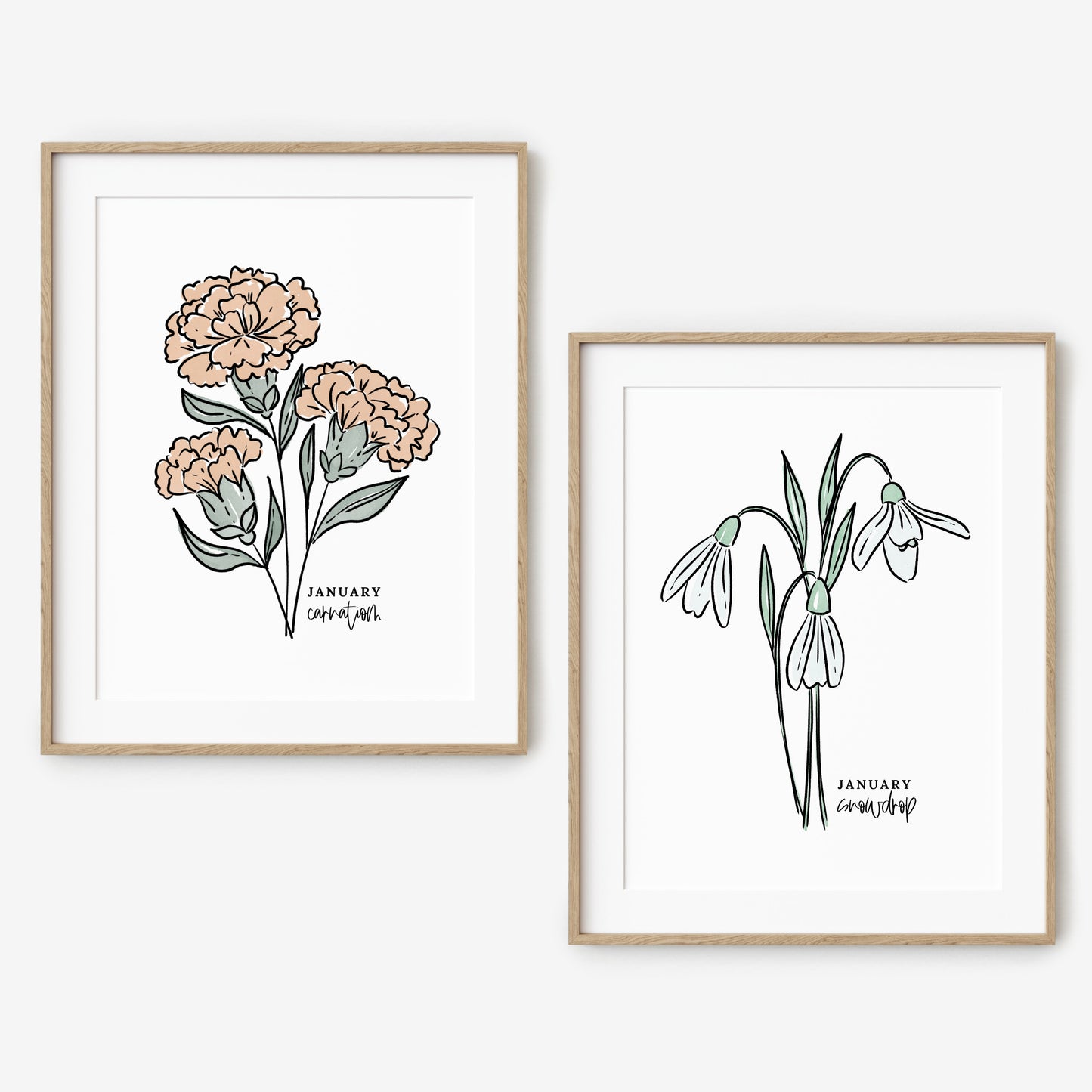 January Birth Flower Unframed Art Print Carnation Snowdrop Floral Birthday Gift