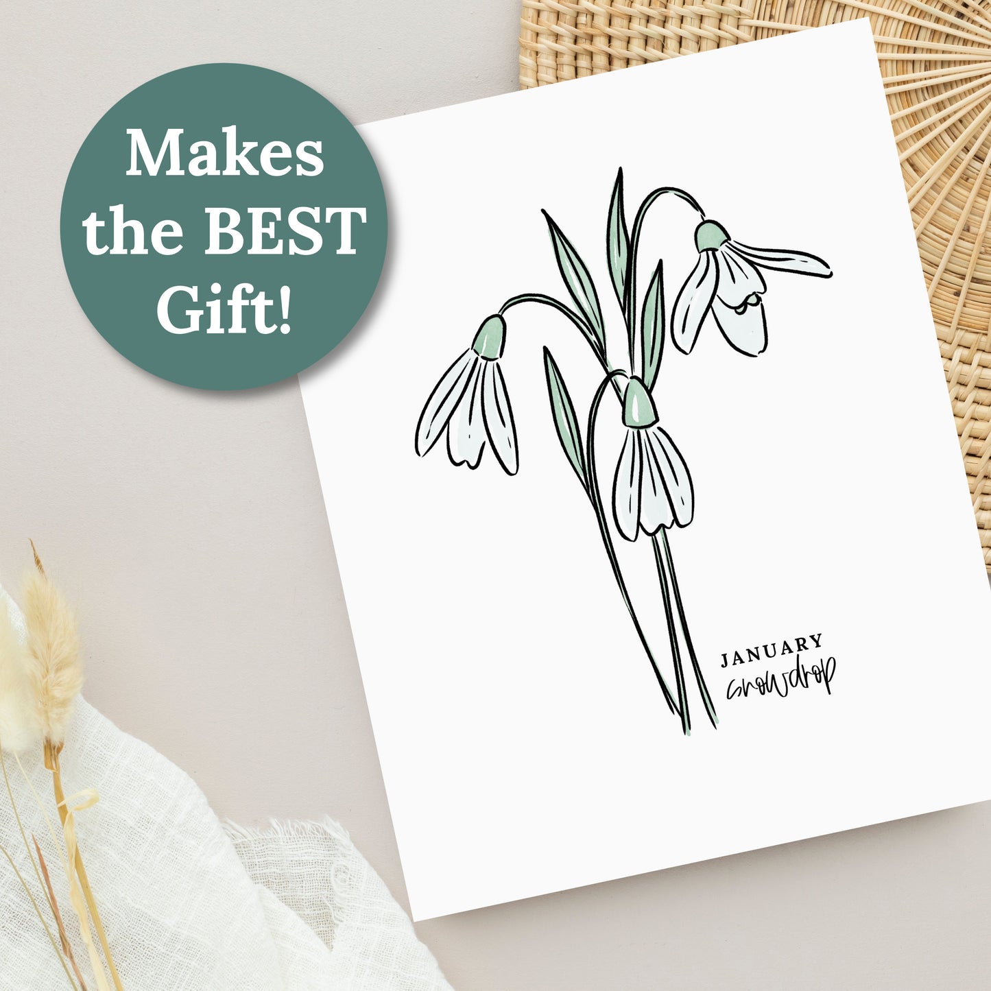 January Birth Flower Unframed Art Print Carnation Snowdrop Floral Birthday Gift