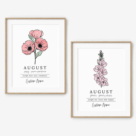 August Poppy Gladiolus Birth Flower Art Print | Personalized Unframed Birthday Floral Illustration