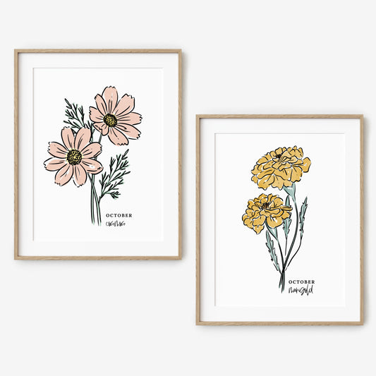 October Birth Flower Unframed Cosmos Marigold Art Print Floral Birthday Gift