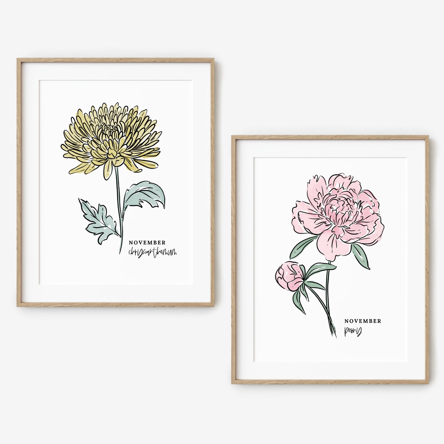 November Birth Flower Unframed Chrysanthemum Peony Art Print Floral Birthday Gift