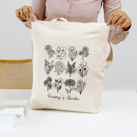 Personalized Birth Flower Garden | Up to 12 Flowers | Cotton Canvas Tote Bag - Eco-Friendly Reusable Shopping Bag