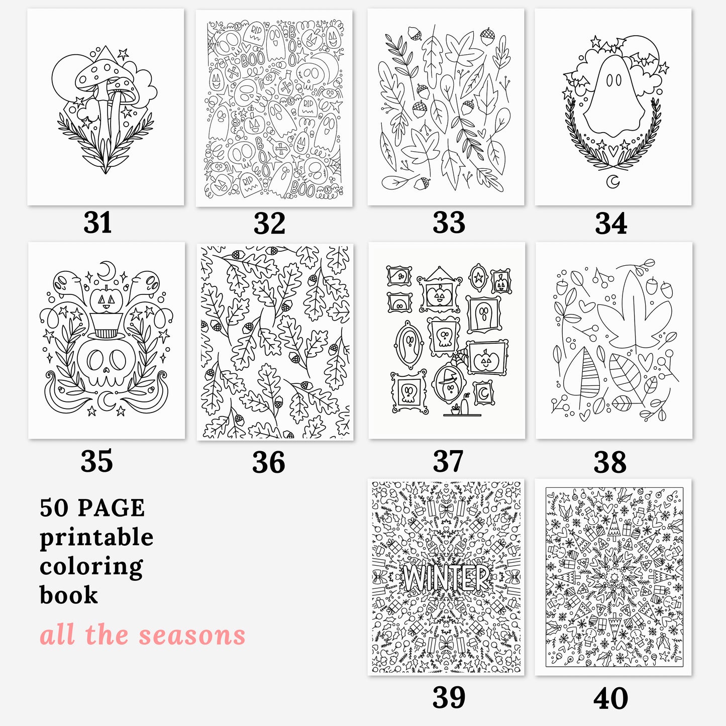 50 Coloring Pages | All The Seasons Digital Coloring Book Illustrations | Mindful Printable Coloring Sheets | Calming Seasonal Doodles