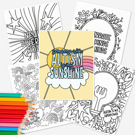 10Pk Celebrate Autism | Neurodiversity Inclusion Acceptance & Awareness | Hand-Drawn Coloring Pages