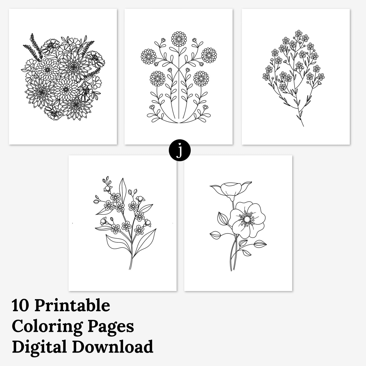 10 Pk Coloring Pages | Floral No. 3 Coloring Book Illustrations | Mindful Printable Coloring Sheets | Calming Nature Doodles