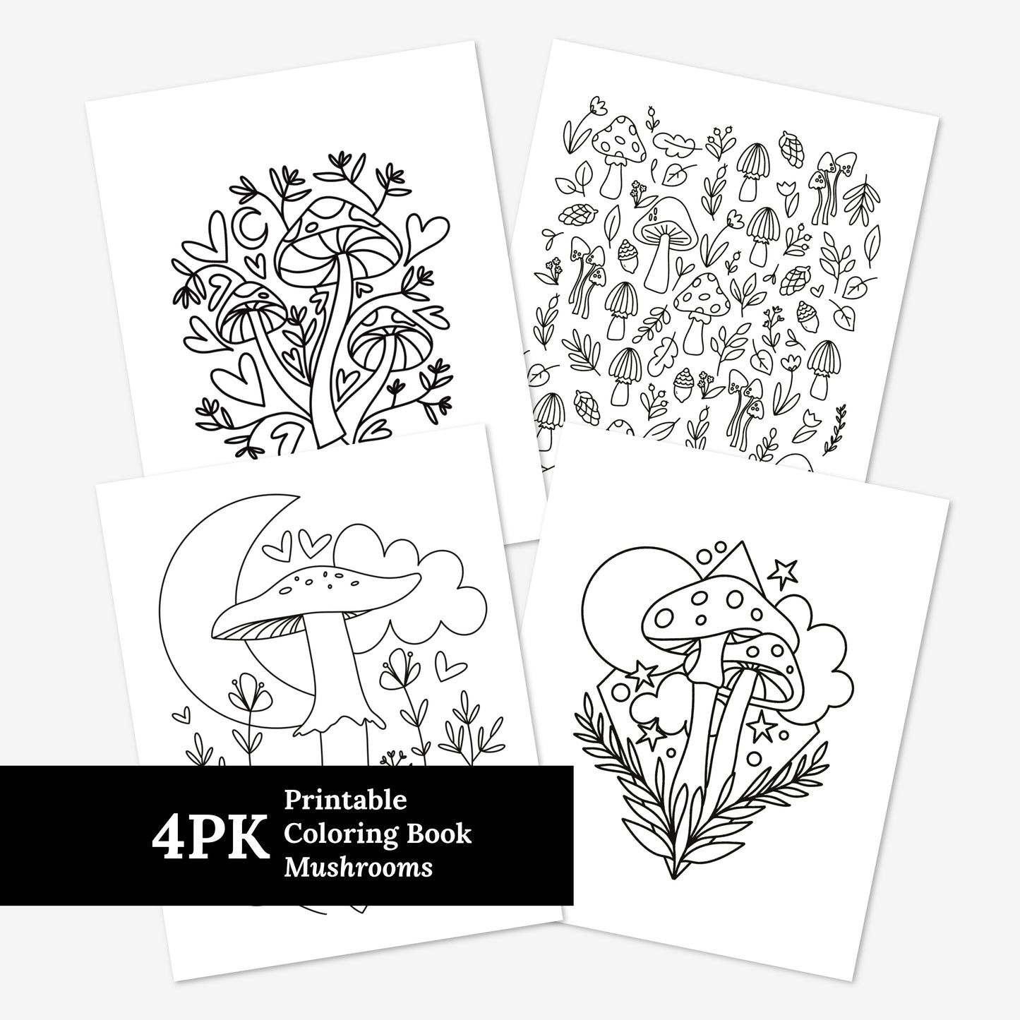 4 Pk Mushroom Coloring Pages | Hand-Drawn Cottagecore Printable Coloring Sheets | Mindful & Relaxing