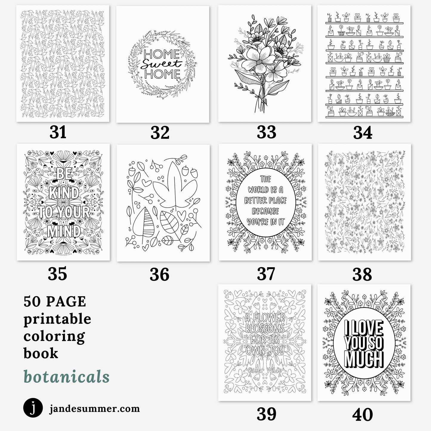 50 Coloring Pages | Botanical Digital Coloring Book Floral Illustrations | Zen Printable Coloring Pages