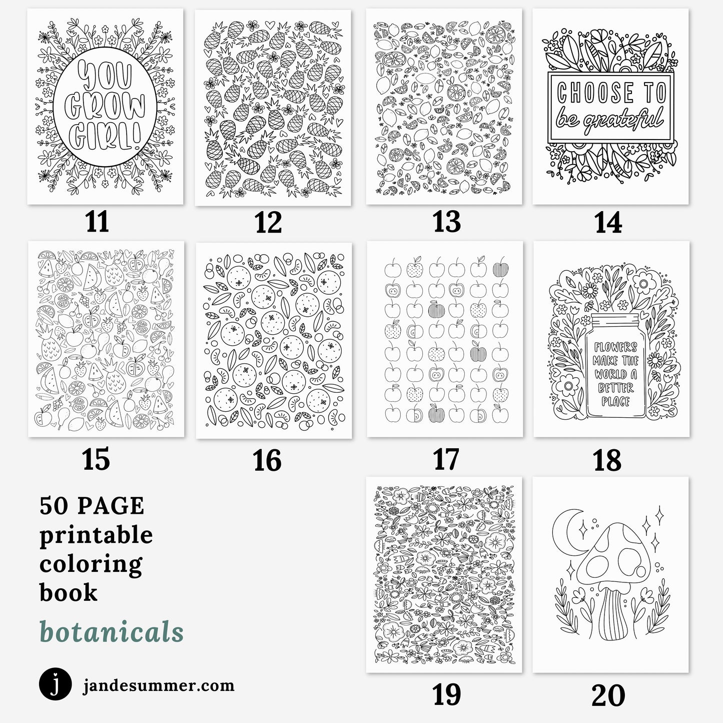 50 Coloring Pages | Botanical Digital Coloring Book Floral Illustrations | Zen Printable Coloring Pages