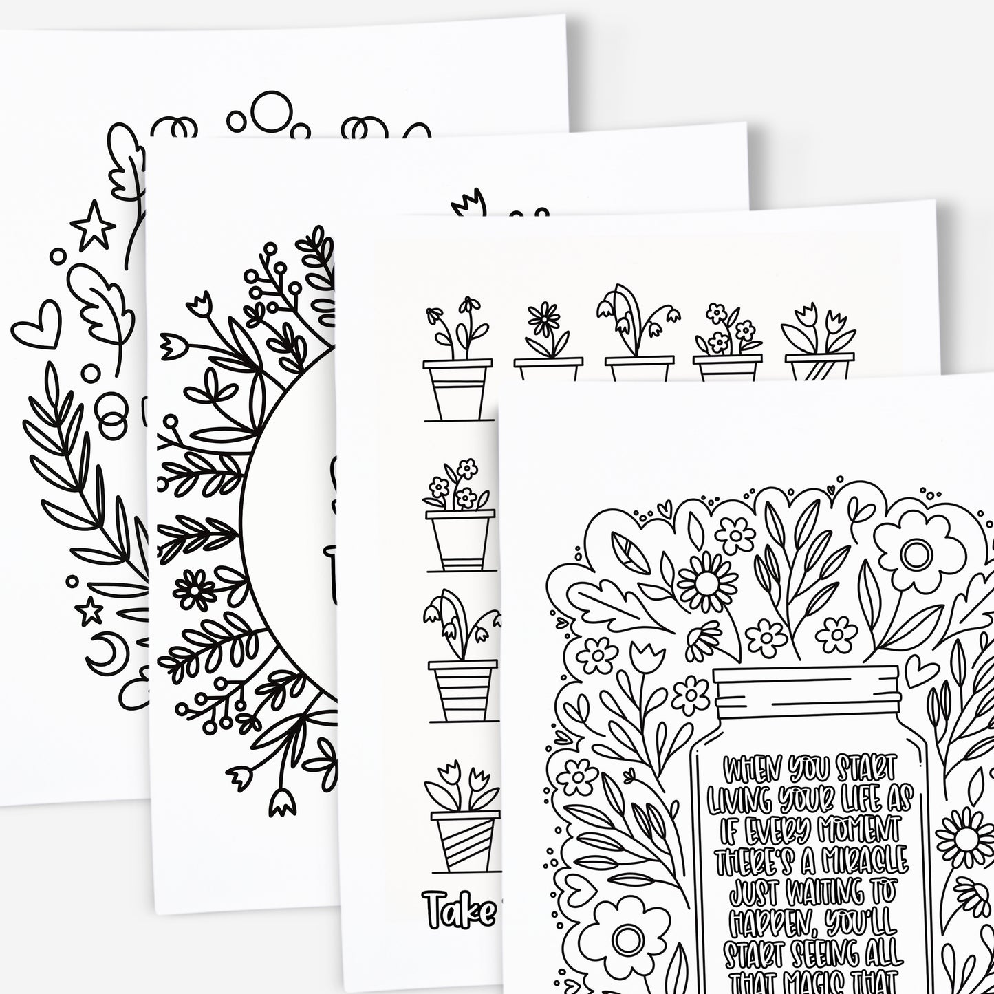 30 Pk Positive Affirmation Printable Coloring Pages | Hand-Drawn Flourishing Quotes & Phrases | Adult Zen Mindful Coloring Mental Health