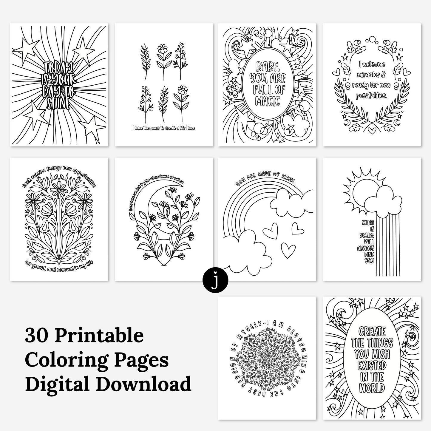 30 Pk Positive Affirmation Printable Coloring Pages | Hand-Drawn Flourishing Quotes & Phrases | Adult Zen Mindful Coloring Mental Health