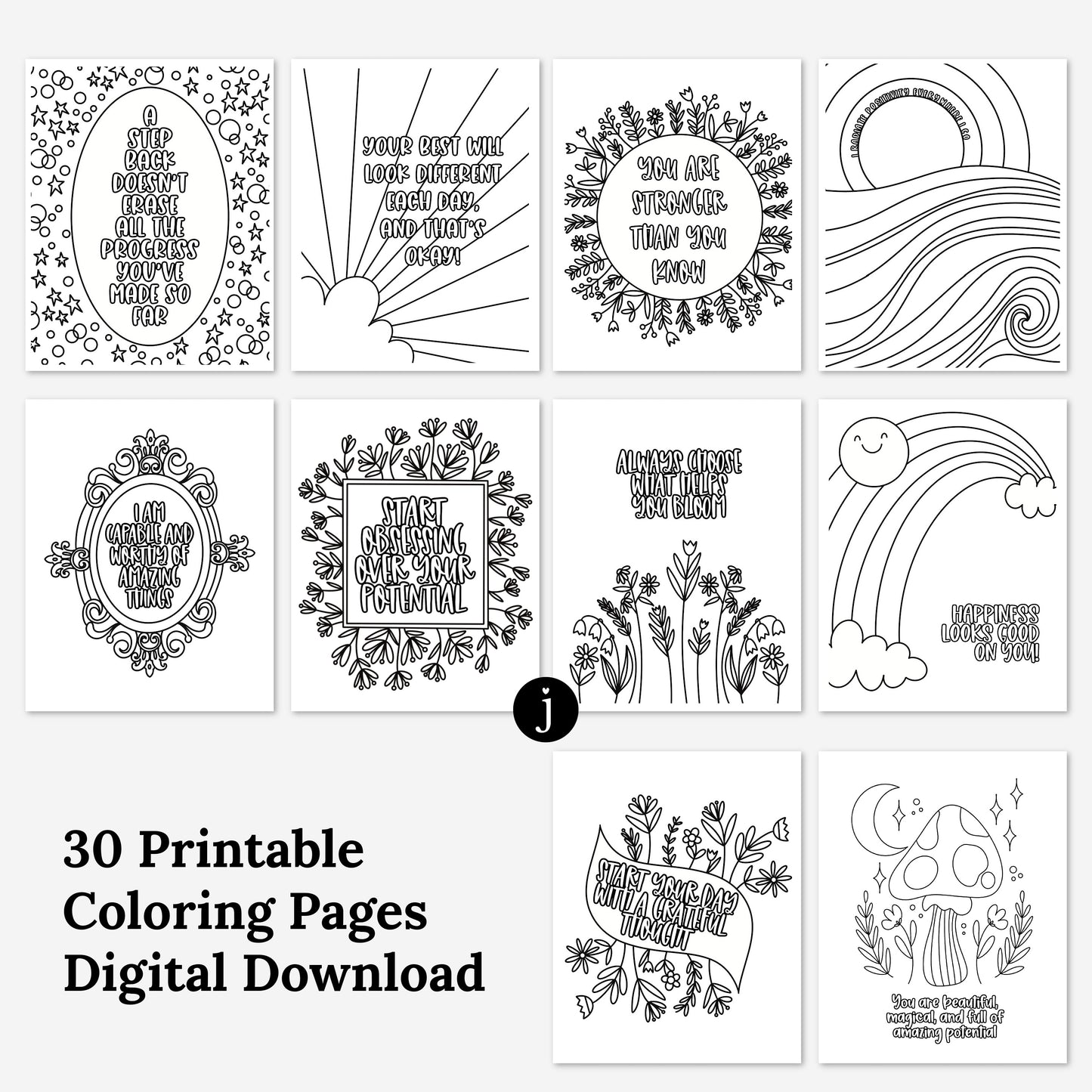 30 Pk Positive Affirmation Printable Coloring Pages | Hand-Drawn Flourishing Quotes & Phrases | Adult Zen Mindful Coloring Mental Health