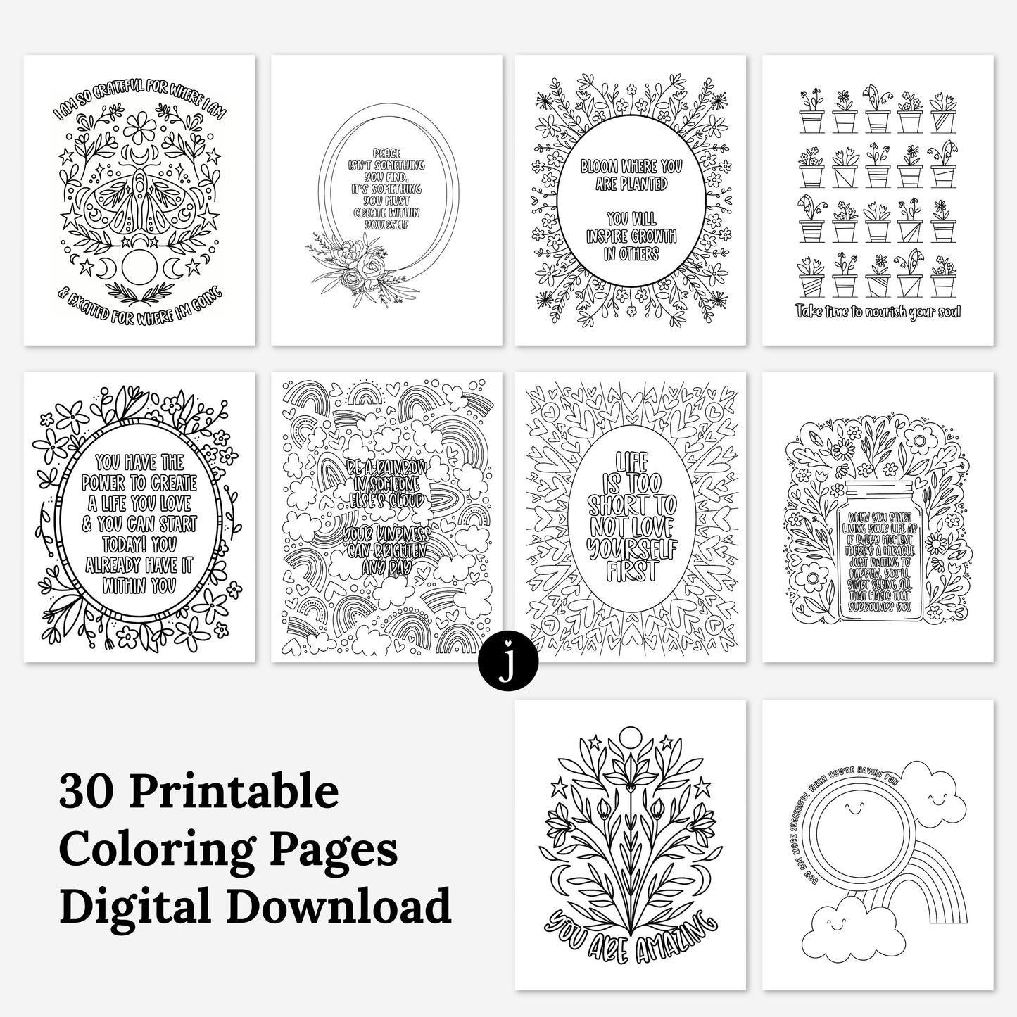 30 Pk Positive Affirmation Printable Coloring Pages | Hand-Drawn Flourishing Quotes & Phrases | Adult Zen Mindful Coloring Mental Health