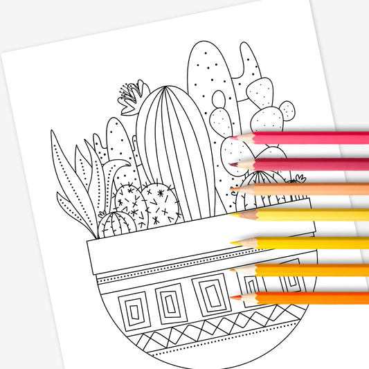 Cactus Potted Plants | Hand-Drawn Coloring Page Digital Printable