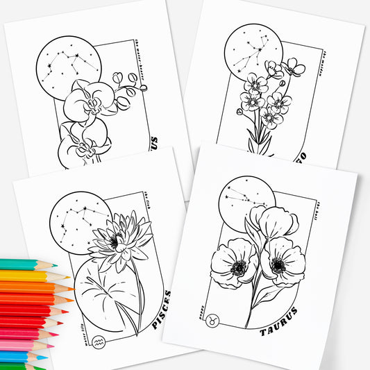 12 Zodiac Birth Flower Coloring Page Printables | Astrology Coloring Book | Floral Inspired Digital Sheets