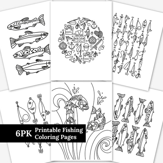 6 PK Printable Fishing Coloring Pages | Print & Color | Lure Rainbow Trout Bass Water Fishing Gear Nature Coloring Sheets