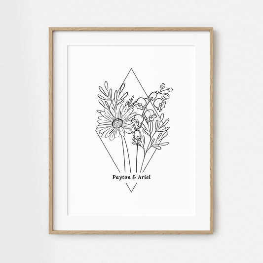 Couples Birth Flower Bouquet Black and White Unframed Art Print | Wedding Gift Birth Flower Tattoo Floral Line Art