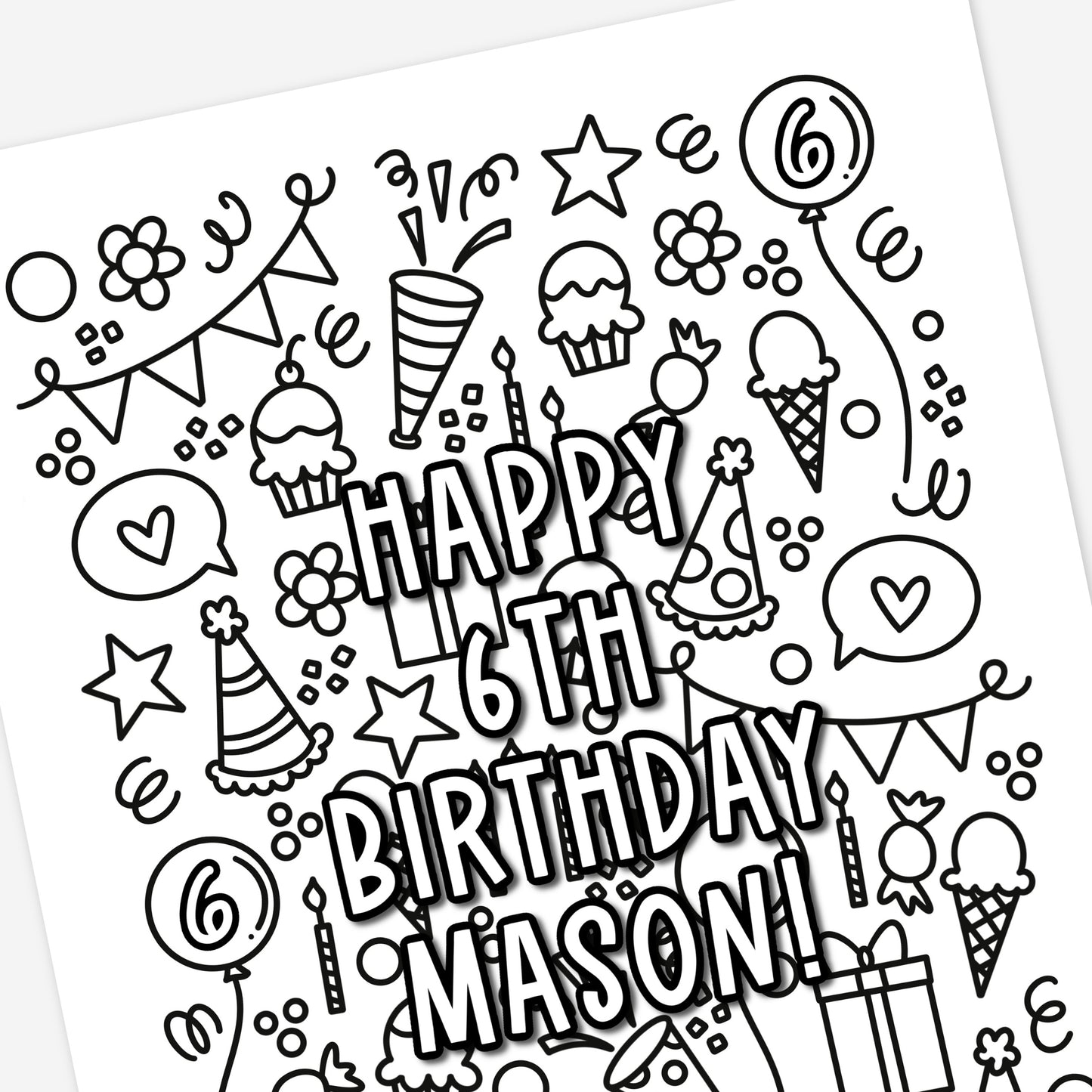 Custom Birthday Coloring Page Printable | Personalized Coloring Sheet Party Doodles