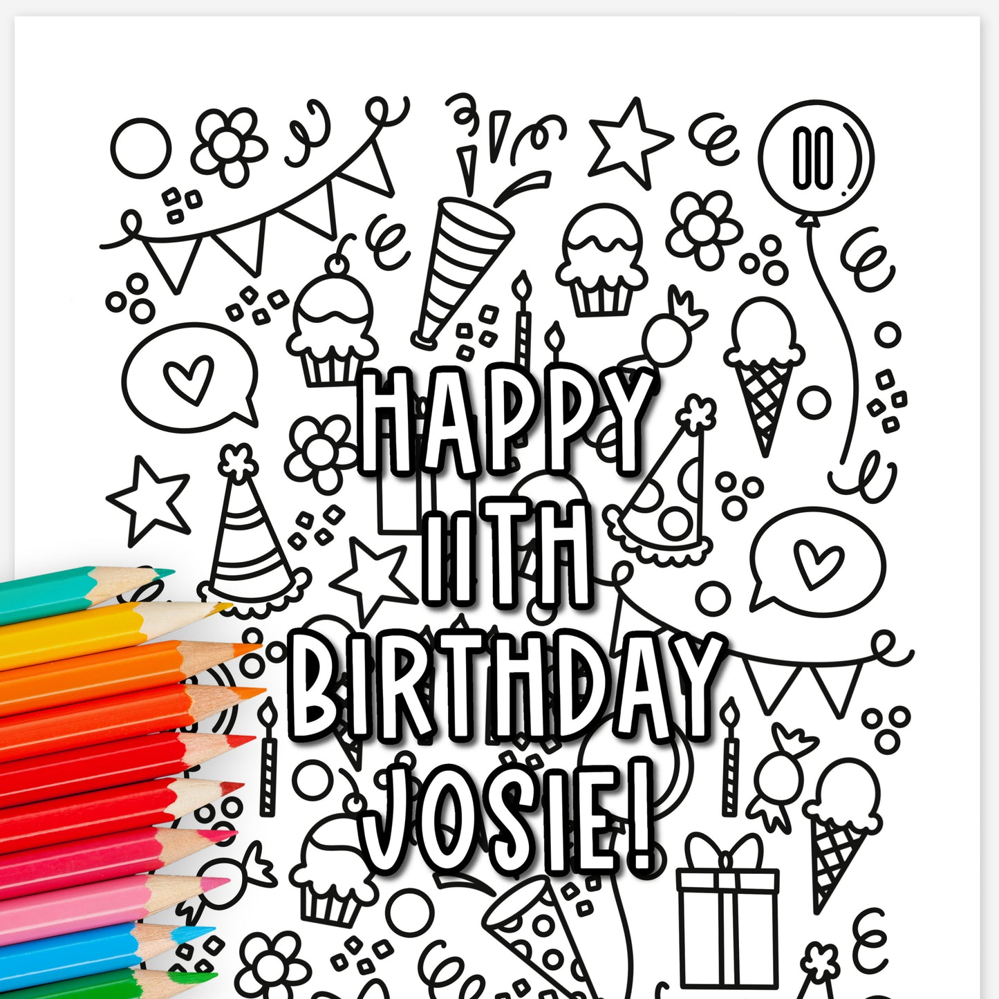 Custom Birthday Coloring Page Printable | Personalized Coloring Sheet Party Doodles