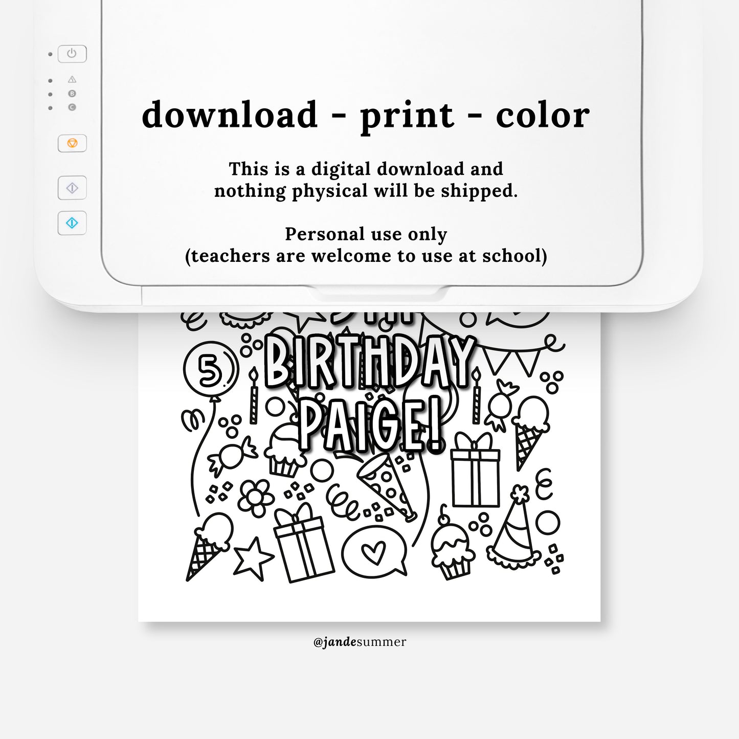 Custom Birthday Coloring Page Printable | Personalized Coloring Sheet Party Doodles