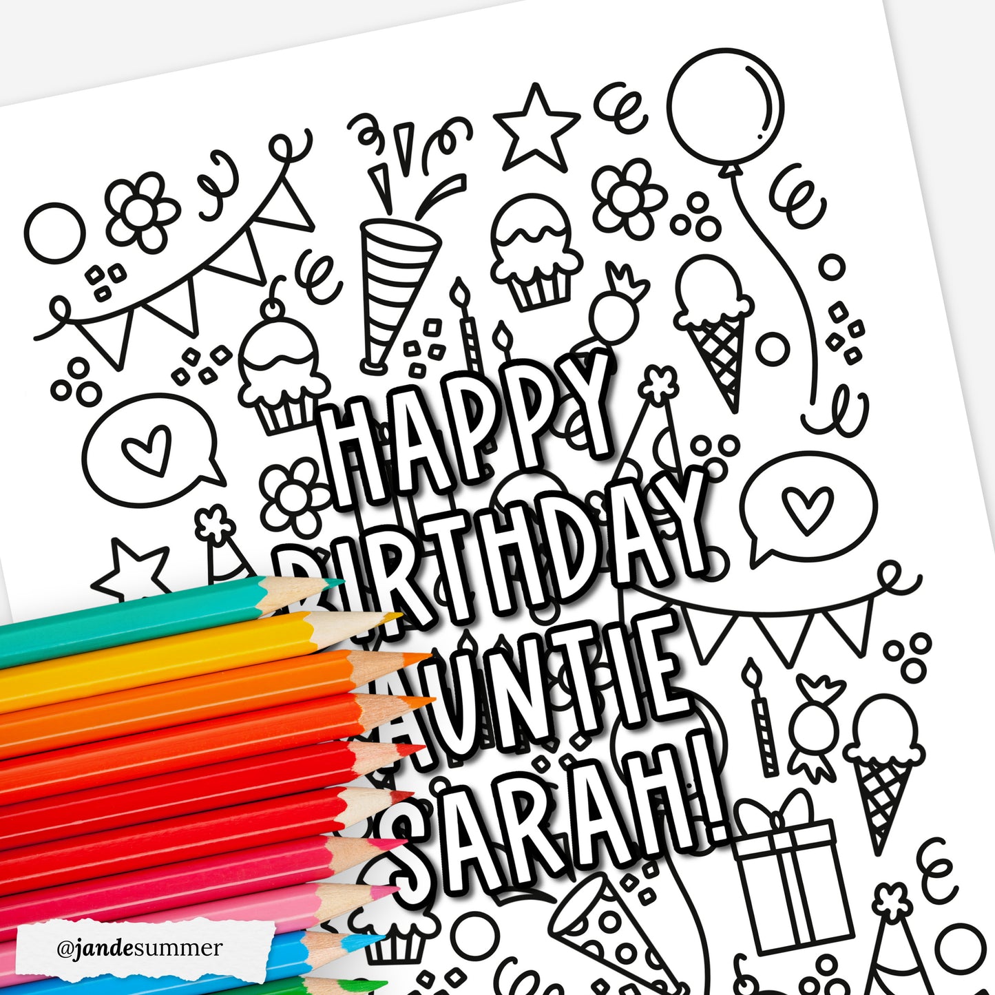 Custom Birthday Coloring Page Printable | Personalized Coloring Sheet Party Doodles
