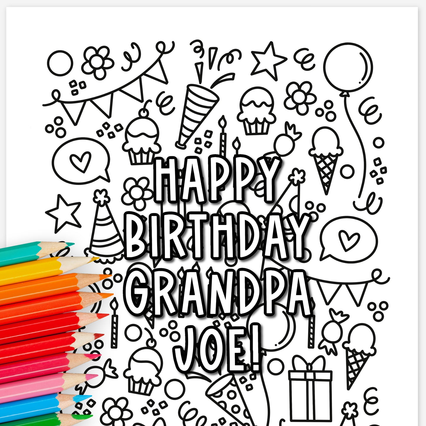 Custom Birthday Coloring Page Printable | Personalized Coloring Sheet Party Doodles