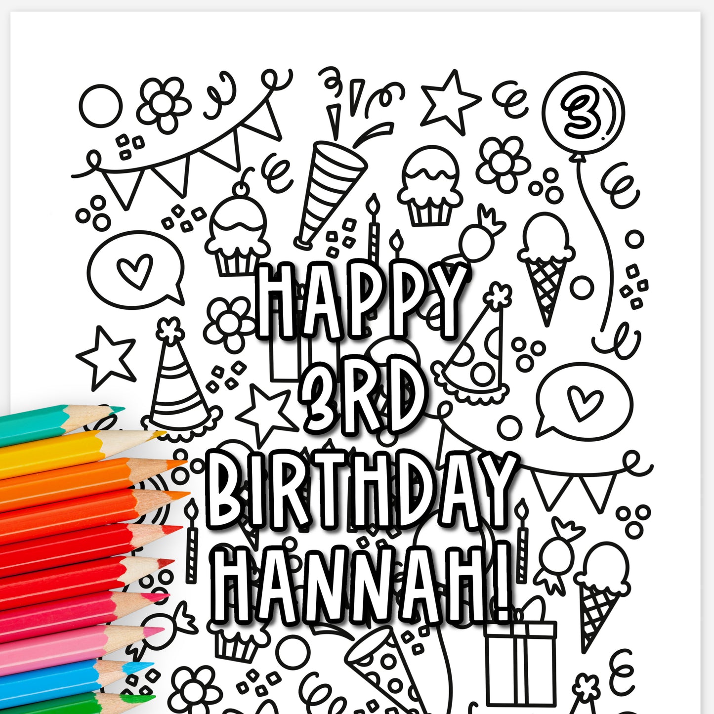 Custom Birthday Coloring Page Printable | Personalized Coloring Sheet Party Doodles