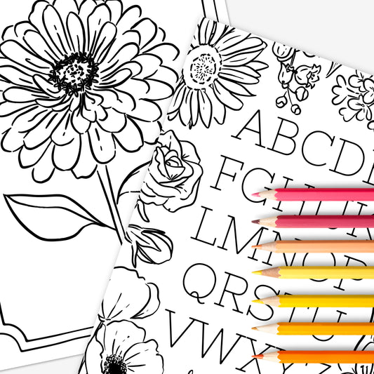 Floral Alphabet Set Printable Coloring Pages | Hand Illustrated Flowers + Color Swatch Testers