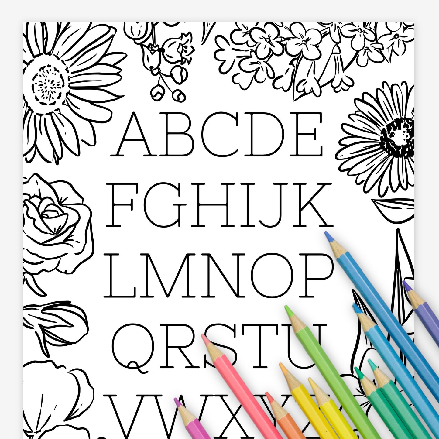 Floral Alphabet Set Printable Coloring Pages | Hand Illustrated Flowers + Color Swatch Testers