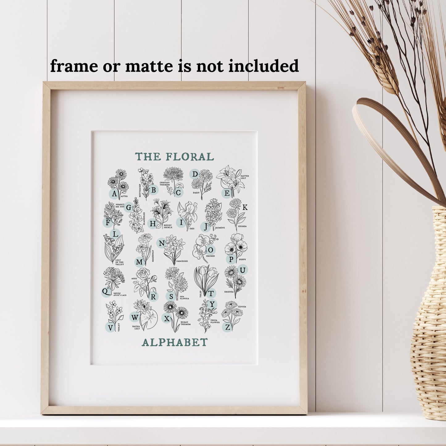 Floral Alphabet Chart | Illustrated Light Aqua Green Accent Flower Unframed Art Wall Decor