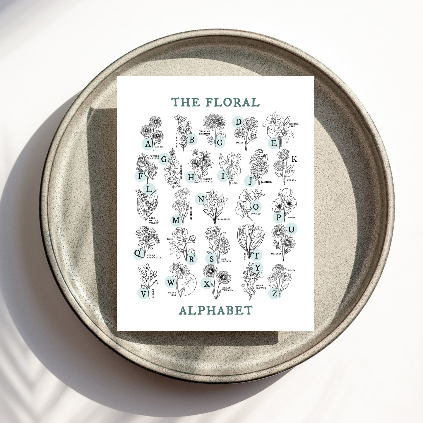 Floral Alphabet Chart | Illustrated Light Aqua Green Accent Flower Unframed Art Wall Decor